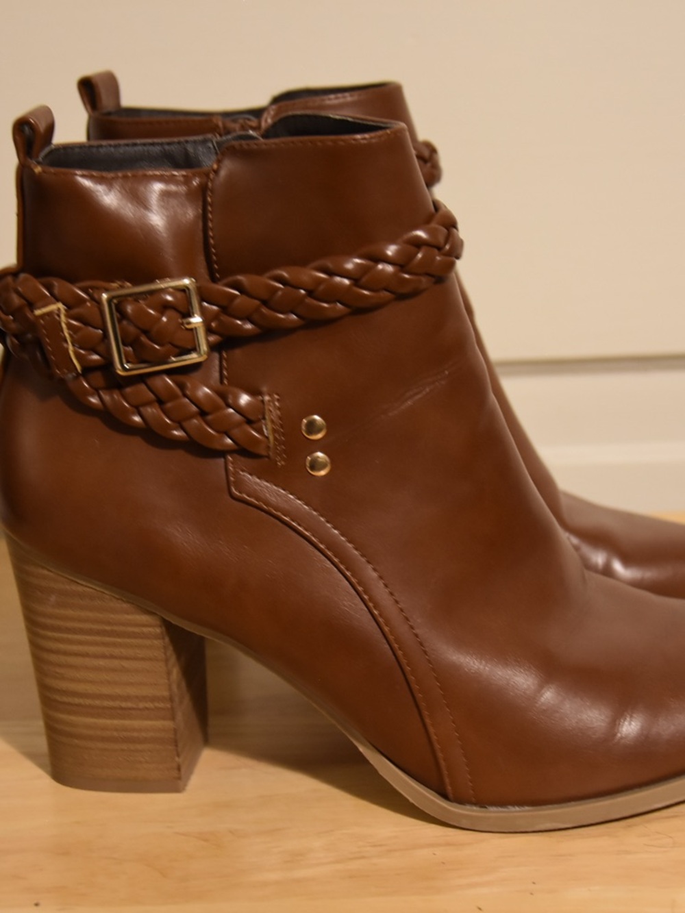 American Eagle Outfitters Tan Braided-Strap Block Heel Ankle Boots